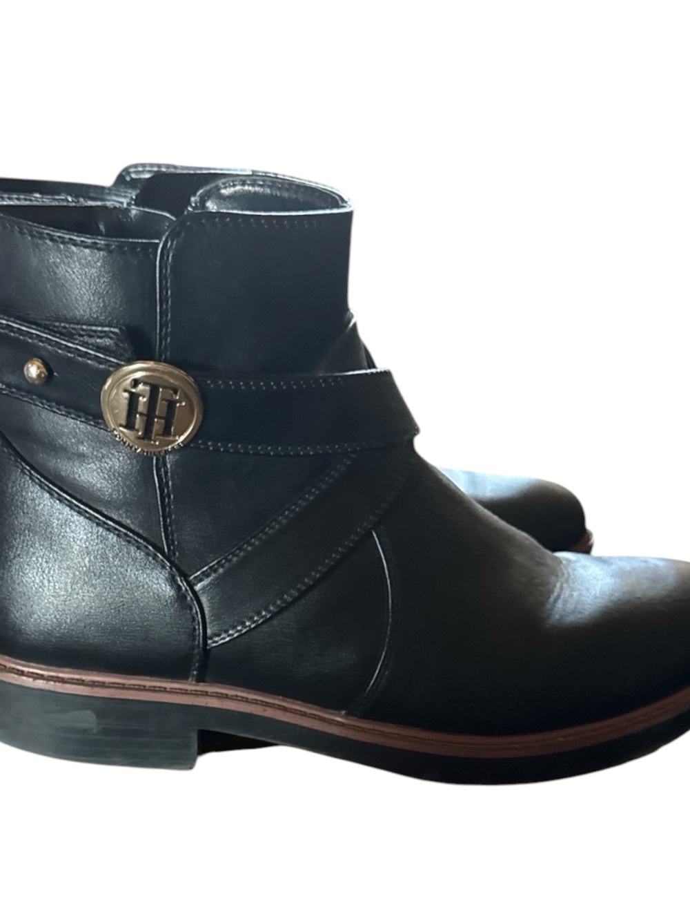 Tommy Hilfiger Black Leather Strap Ankle Boots with Gold Logo